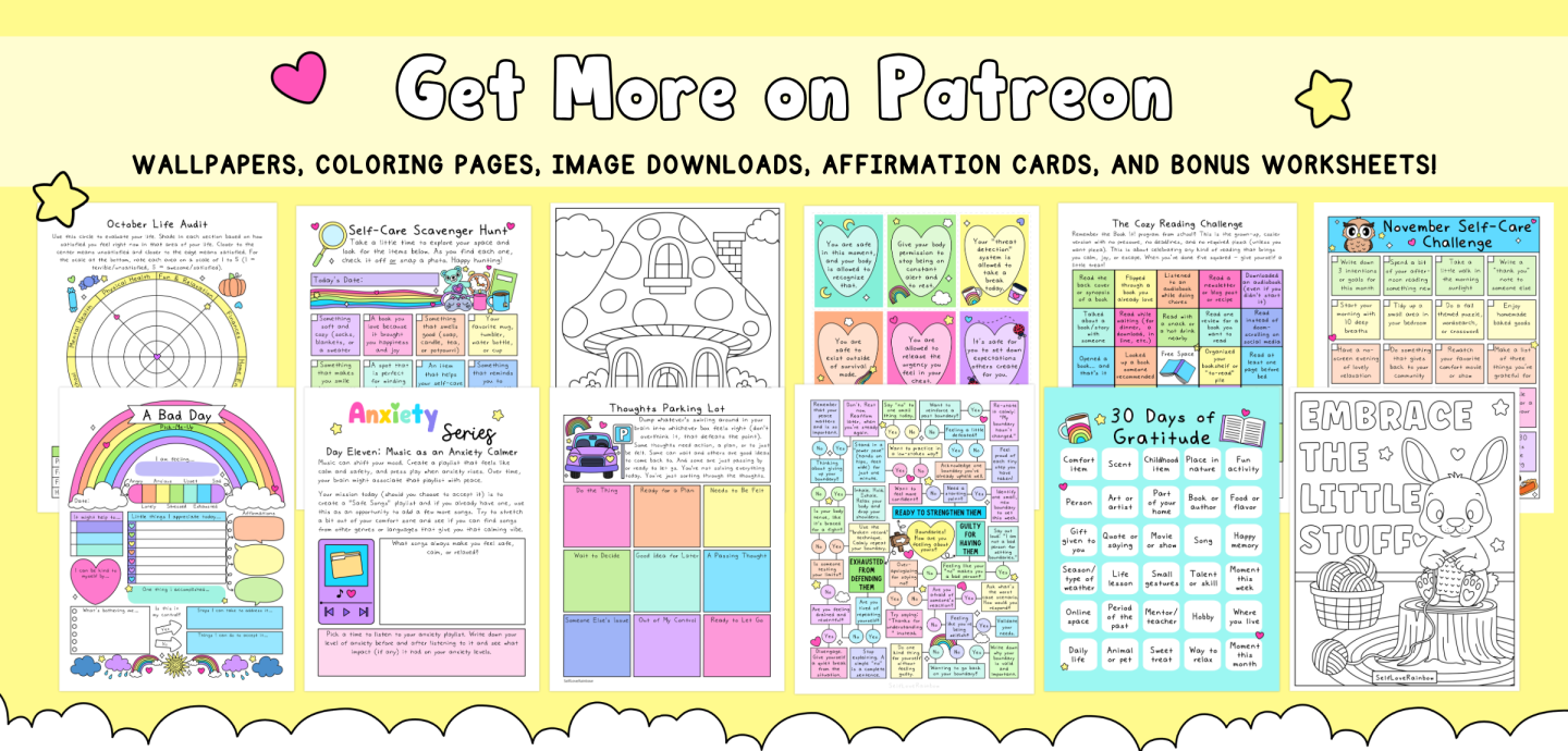 A Banner for Dominee's Self-Love Rainbow Patreon full of color worksheets