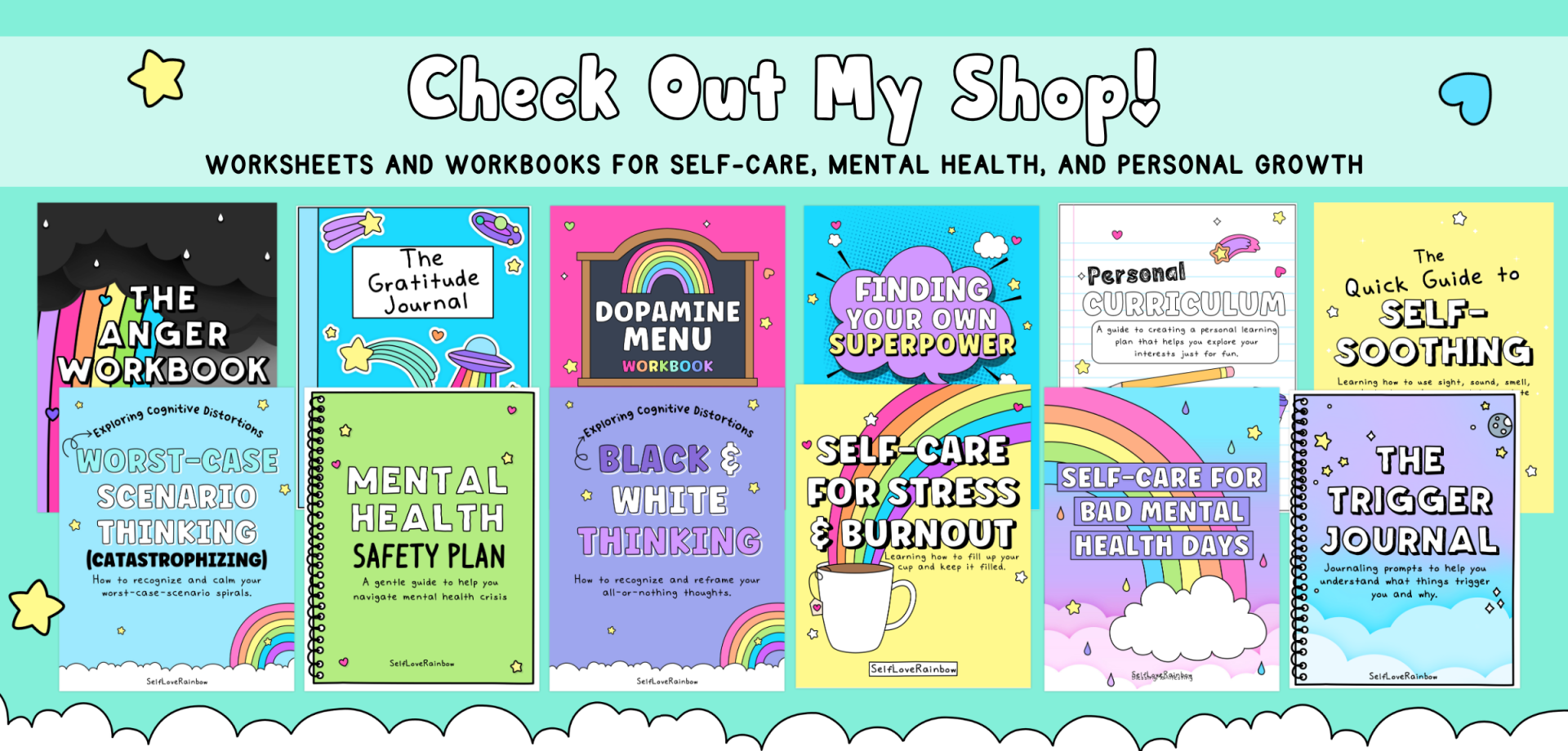 a colorful banner showing lots of digital workbooks by SelfLoveRainbow